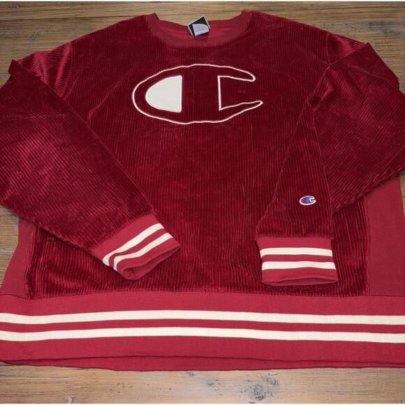 Champion Mens Corduroy Crew Sweatshirt 2XL XXL Maroon Red Logo Cotton Athletic - Picture 2 of 16